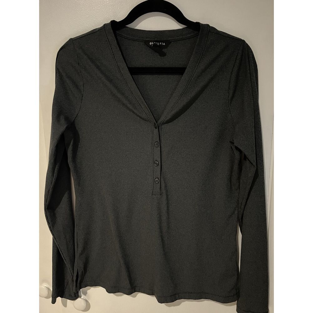 Athleta Women's Uptempo Ribbed Long Sleeve Charcoal Gray Henley‎ Top Large